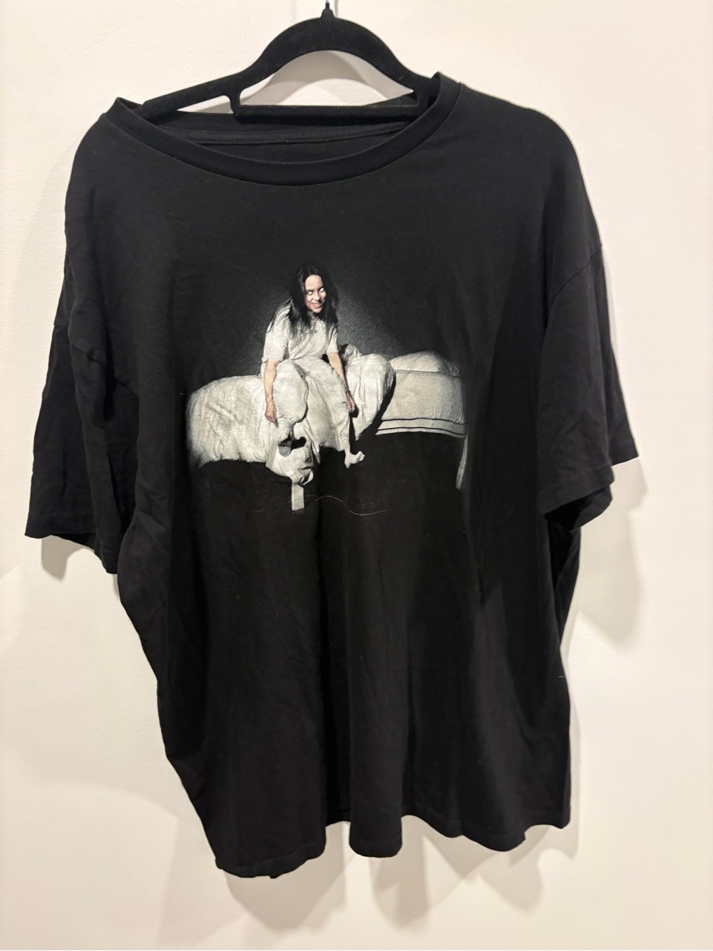 Black Graphic Women’s T-Shirt with White Bed Print